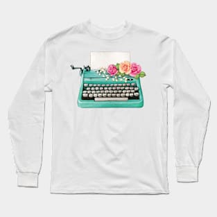 AQUA TEAL TURQUOISE VINTAGE TYPEWRITER WITH VIBRANT FLOWERS Long Sleeve T-Shirt